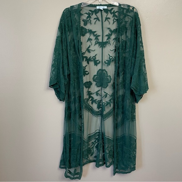 She & Sky Sheer Open Front Lace Kimono Green Boho gypsy small medium - Picture 2 of 10